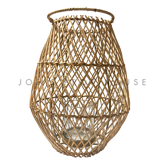 Natural Criss-Cross Tear Drop Wicker Lantern H11.5in