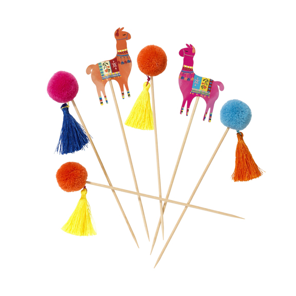 Fiesta Llama and Pom Pom Cake Toppers - 12 Pack