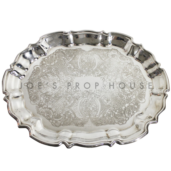 Diana Engraved Oval Scallop Silver Serving Tray