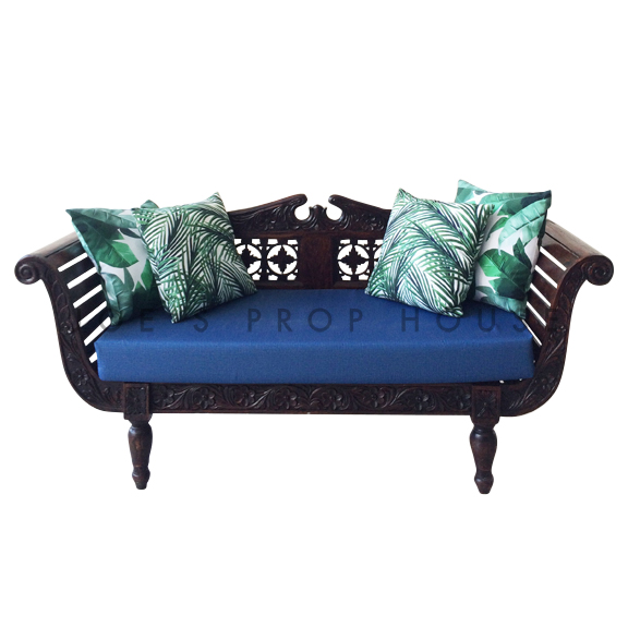 Zahara Teak Wood Loveseat w/Blue Seat Cushion + 4 Tropical Pillows