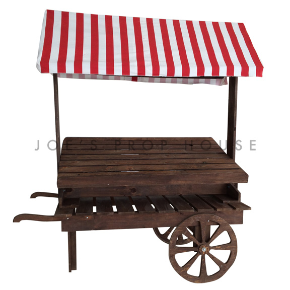 Brown Wooden Market Cart w/Striped Red and White Awning
