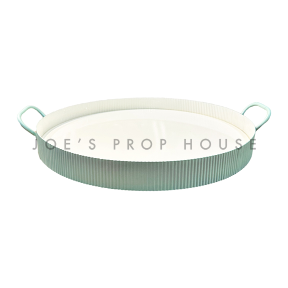 D16.75in LARGE Mint Green Round Ribbed Metal Serving Tray